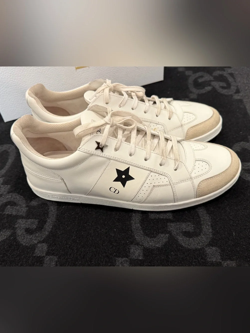 Dior Women's White Sneakers with Beige Suede Toe and Black Star